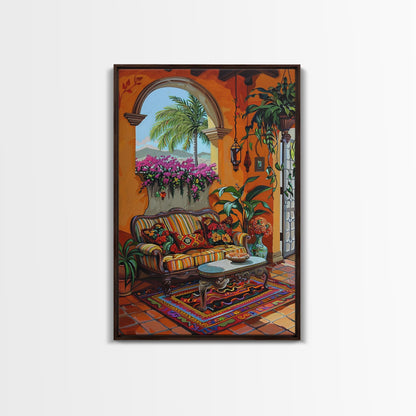 Mediterranean Courtyard Lounge Framed Canvas Print Spanish Style Home Decor Best Gift Bright Seasonal Art Above Sofa Wall Art
