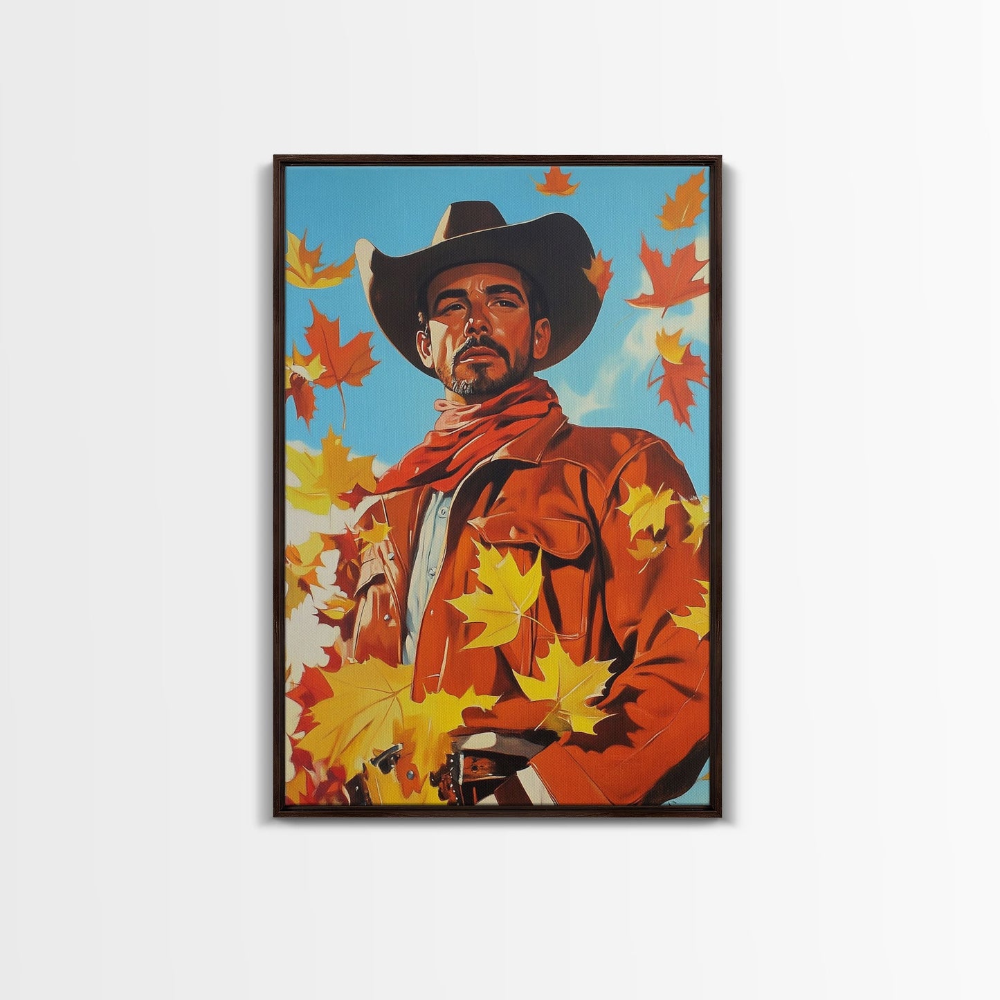 Autumn Cowboy Holiday Decor Framed Canvas Print with Leaves, Colorful Seasonal Wall Art Gift Idea 2024