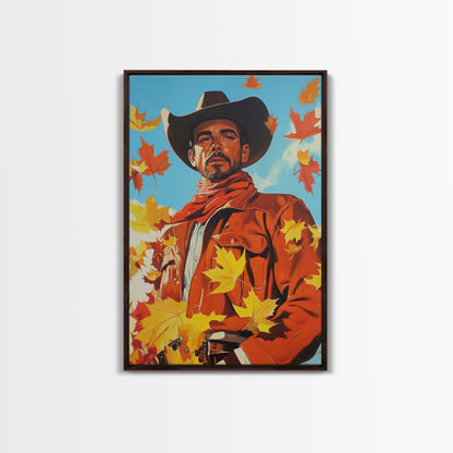 Autumn Cowboy Holiday Decor Framed Canvas Print with Leaves, Colorful Seasonal Wall Art Gift Idea 2024