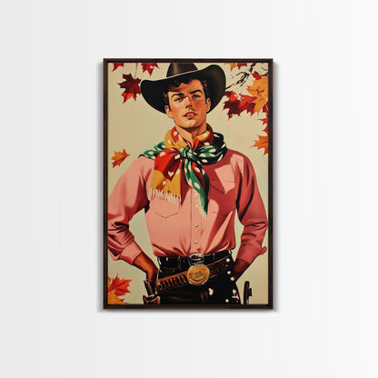 Cowboy Christmas Wall Art Canvas Print with Autumn Leaves, Seasonal Holiday Decor and Gift Idea 2024