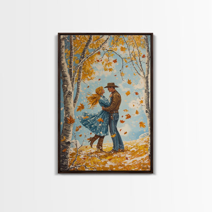 Romantic Fall Couple Framed Canvas Print - 2024 Autumn Love Country Cowboy Art Gift Idea for Fall Home Decor