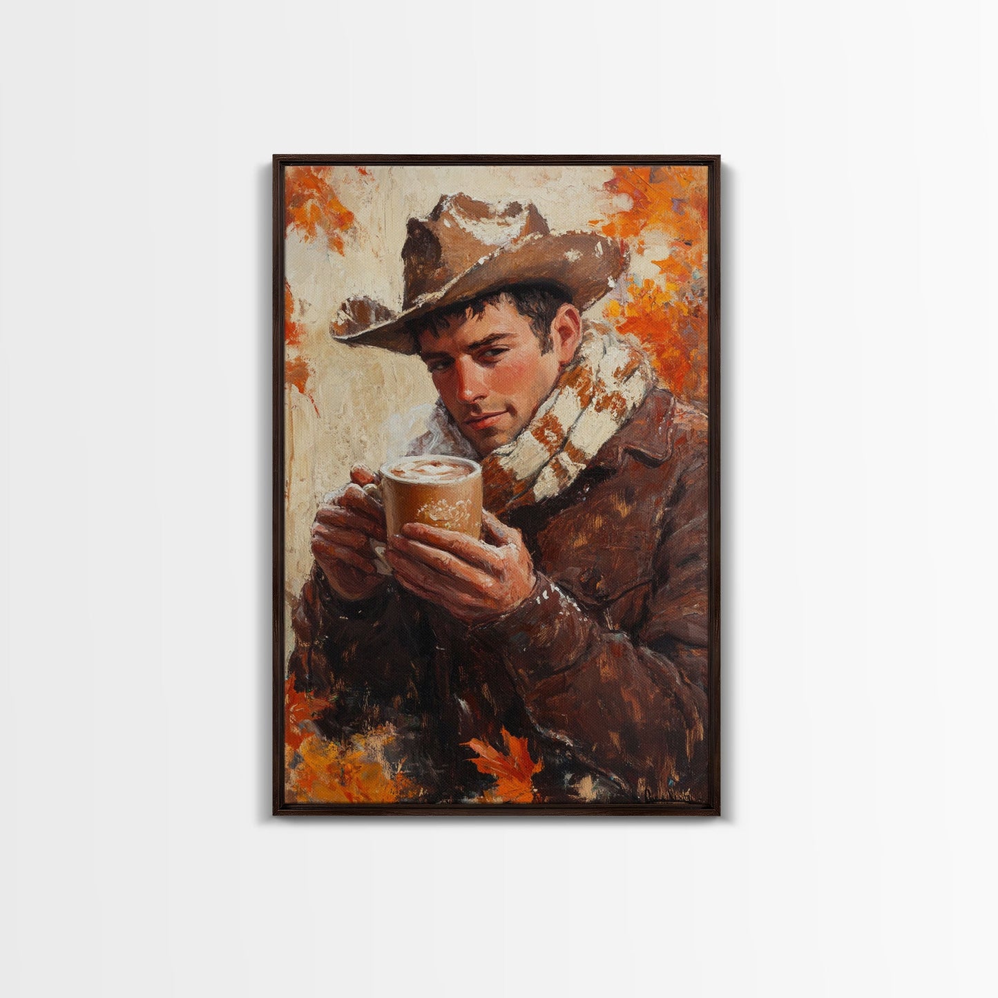 Cowboy mit Kaffeetasse im Herbst – Gerahmter Leinwanddruck – Herbstliche Wanddekoration im Landhausstil 2024 – Rustikale Wohndeko und Geschenkidee