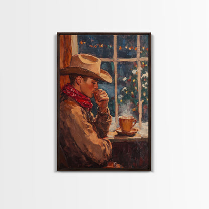 Cowboy in Snow with Coffee Framed Canvas Print - Winter Country Scene Art 2024 Cozy Christmas Wall Decor and Gift Idea