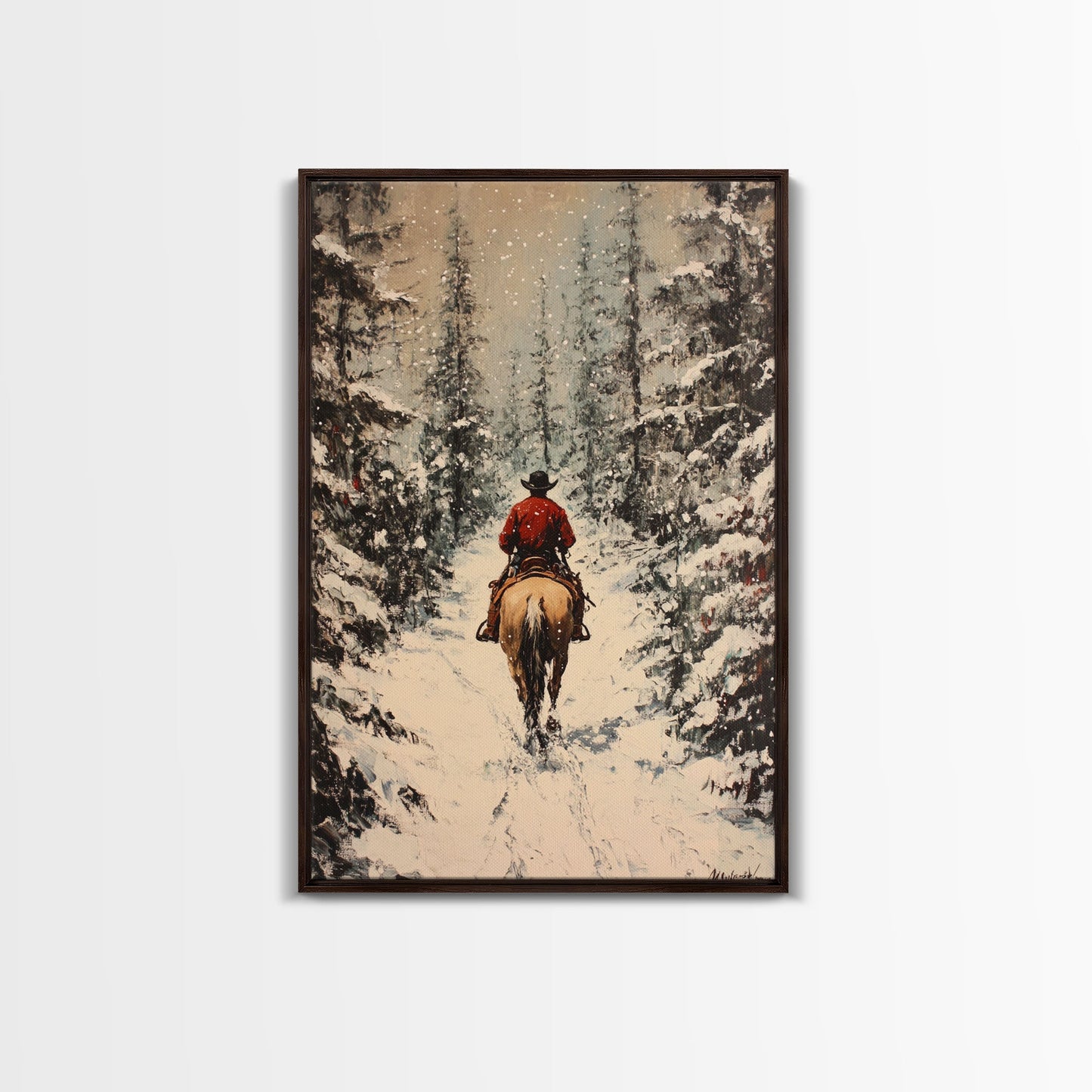 Cowboy on Horseback in Golden Autumn Trees Framed Canvas Print Rustic Christmas Wall Art Fall Decor Country Christmas Gift Seasonal Wall Art