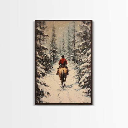 Cowboy on Horseback in Golden Autumn Trees Framed Canvas Print Rustic Christmas Wall Art Fall Decor Country Christmas Gift Seasonal Wall Art