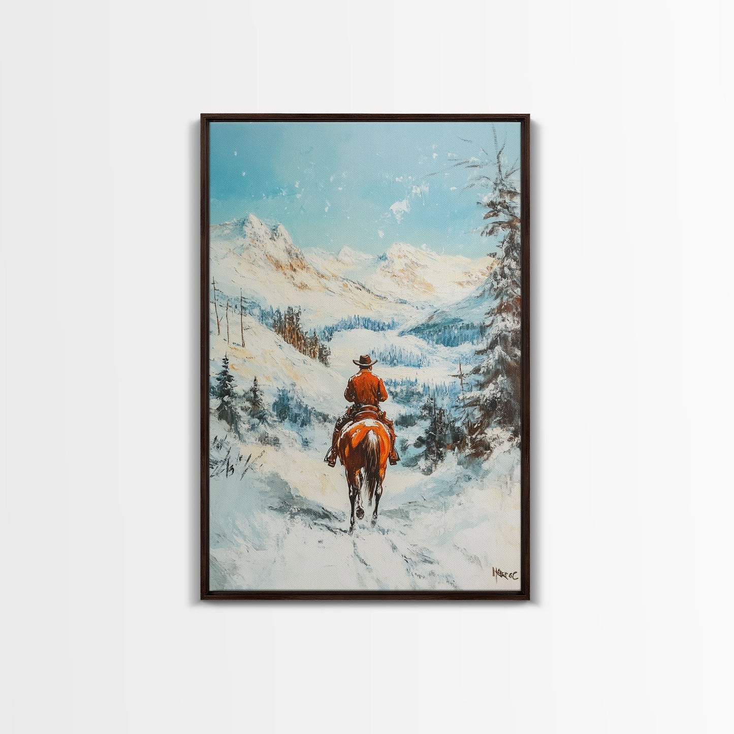 Cowboy reitet durch verschneite Berge – Gerahmter Leinwanddruck – Weihnachtswandbild – Winterwunderland-Dekoration – Saisonale Wanddekoration – Geschenkidee zu Weihnachten