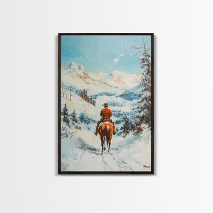 Cowboy reitet durch verschneite Berge – Gerahmter Leinwanddruck – Weihnachtswandbild – Winterwunderland-Dekoration – Saisonale Wanddekoration – Geschenkidee zu Weihnachten
