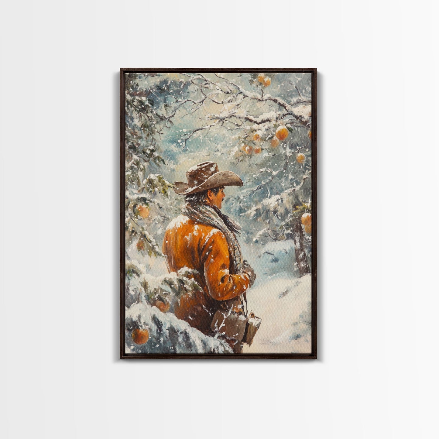 Cowboy in Snowy Orchard Canvas Print with Frosty, Christmas Wall Art Gift, Seasonal Decor, Winter Wonderland, Holiday Decor, Canvas Print