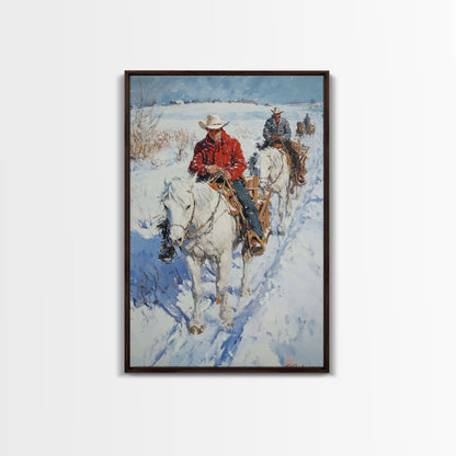 Cowboy Riding Horses in Snow Canvas Print, Winter Wall Art, Rustic Christmas Decor, Holiday Gift Idea, Seasonal Art, Framed Canvas Print