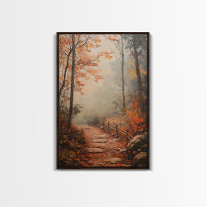 Framed Canvas Print of a Fall Path with Fence and Trees, Autumn Wall Art, Rustic Country Decor, Best Gift Idea, Modern Farmhouse Fall Decor