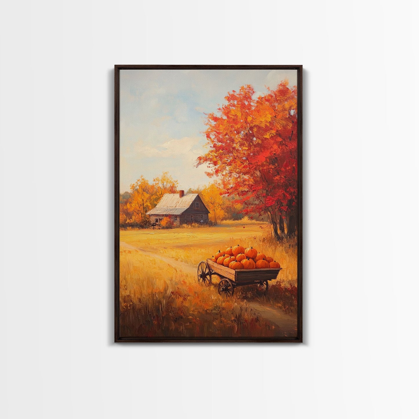 Pumpkin Cart In Fall Field Framed Canvas Print Rustic Autumn Country Farmhouse Decor Perfect Seasonal Art For Farmhouse Christmas Wall Art