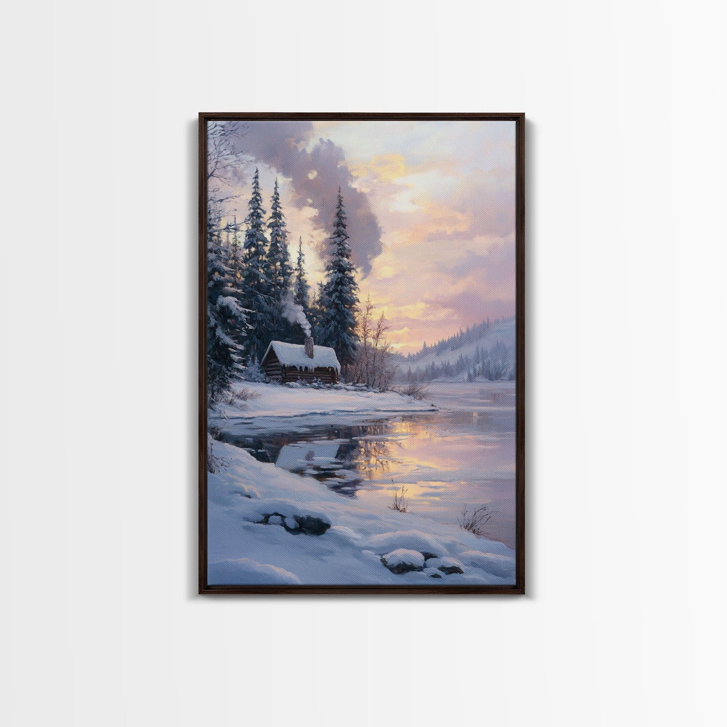 Cabin In Snowy Forest Framed Canvas Print Wall Art Winter Landscape Decor, Cozy Christmas Art Gift, Rustic Winter Wonderland Art