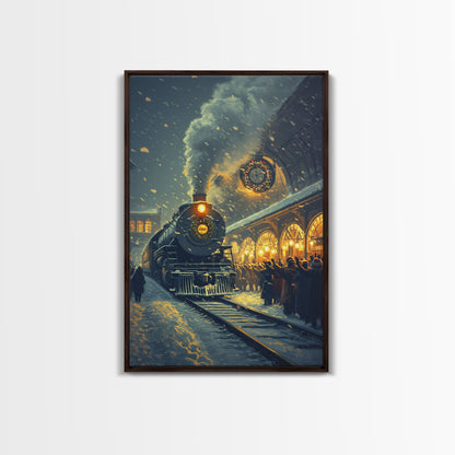 Nostalgic Christmas Train Station Scene in Snowy Winter Night, Ideal for Holiday Decor, Framed Canvas Print