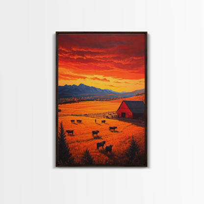 Golden Fields and Barn Framed Canvas Print, Pastoral Landscape with Mountains Grazing Cows, Rustic Fall Wall Art Farmhouse Ranch Style Decor