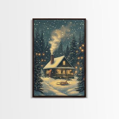 Cozy Cabin in Snowy Winter Forest, Warm Christmas Lights and Peaceful Holiday Scene, Perfect for Winter Wall Art, Framed Canvas Print
