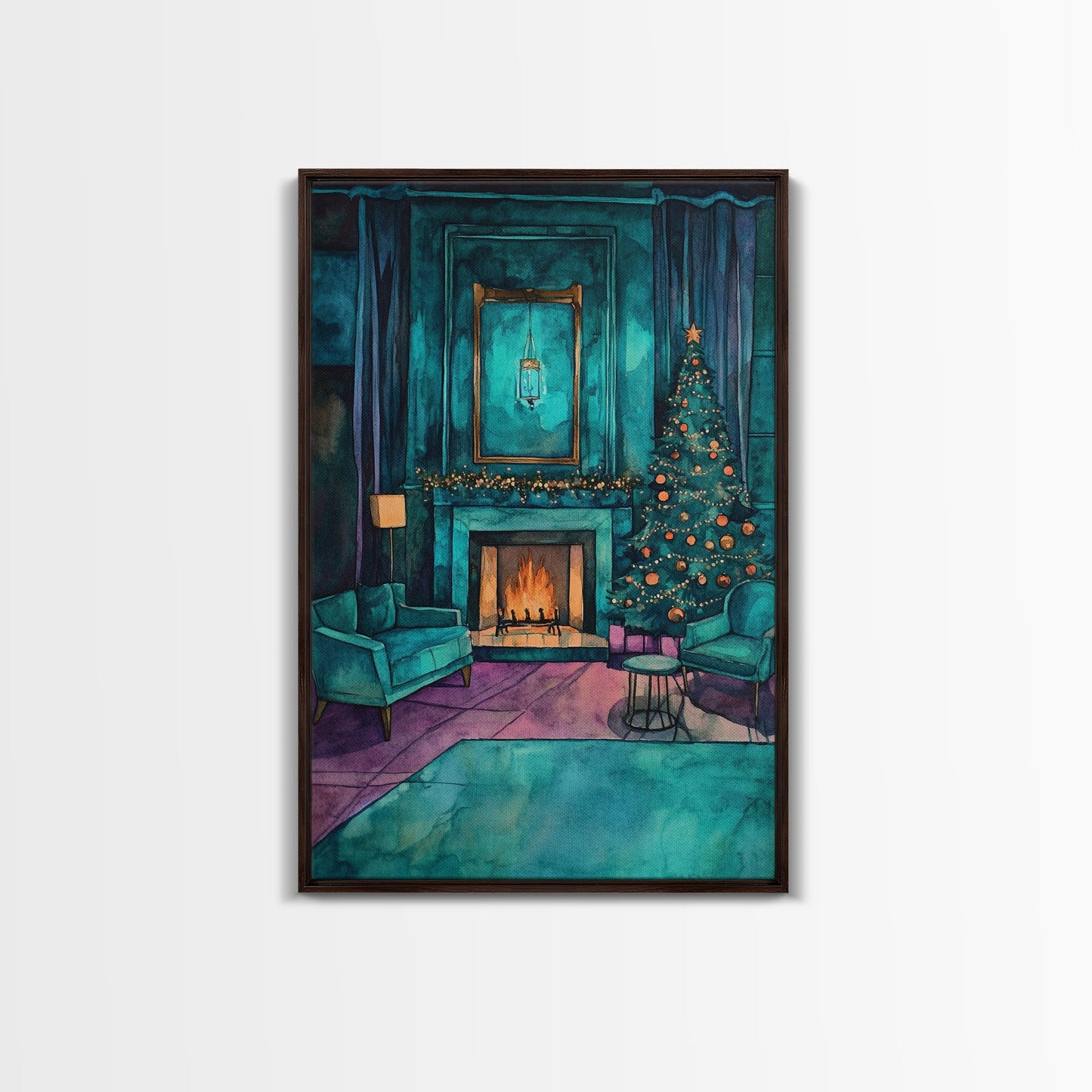Cozy living room with Christmas tree and fireplace, Framed Canvas Print, Christmas wall art, perfect modern farmhouse holiday decor