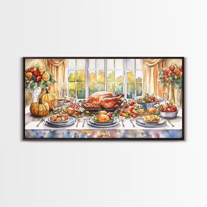 Framed Canvas Print Autumn Thanksgiving Dinner Table Art with Pumpkins, Perfect Fall Home Decor, Seasonal Wall Art, and Gallery Wall Piece