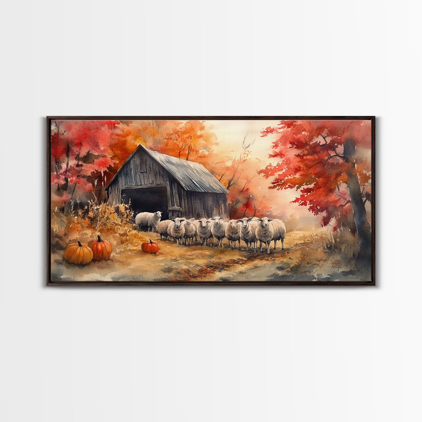 Framed Canvas Print Autumn Farm with Sheep and Pumpkins, Perfect Fall Decor, Rustic Country Home Wall Art, Seasonal Autumn Canvas Print