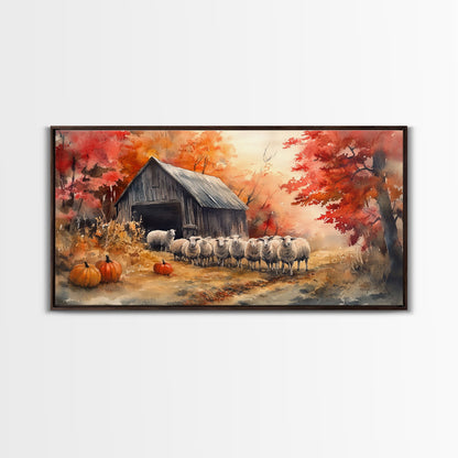 Framed Canvas Print Autumn Farm with Sheep and Pumpkins, Perfect Fall Decor, Rustic Country Home Wall Art, Seasonal Autumn Canvas Print