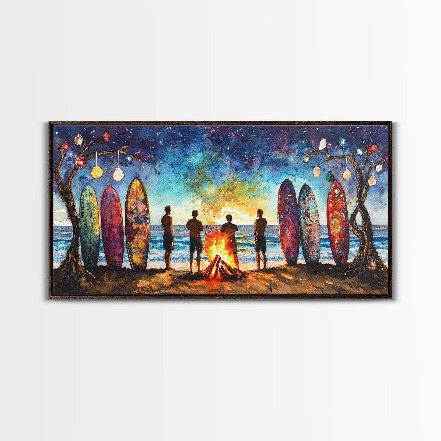 Canvas Print Beach Bonfire with Surfboards Under Stars, Coastal Christmas Art, Tropical Holiday Wall Art, Beach Christmas Decor