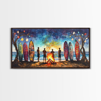 Canvas Print Beach Bonfire with Surfboards Under Stars, Coastal Christmas Art, Tropical Holiday Wall Art, Beach Christmas Decor