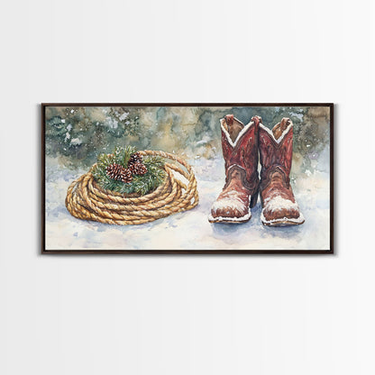 Canvas Print Cowboy Boots with Christmas Wreath and Rope, Rustic Christmas Decor, Winter Western Holiday Art, Farmhouse Wall Print
