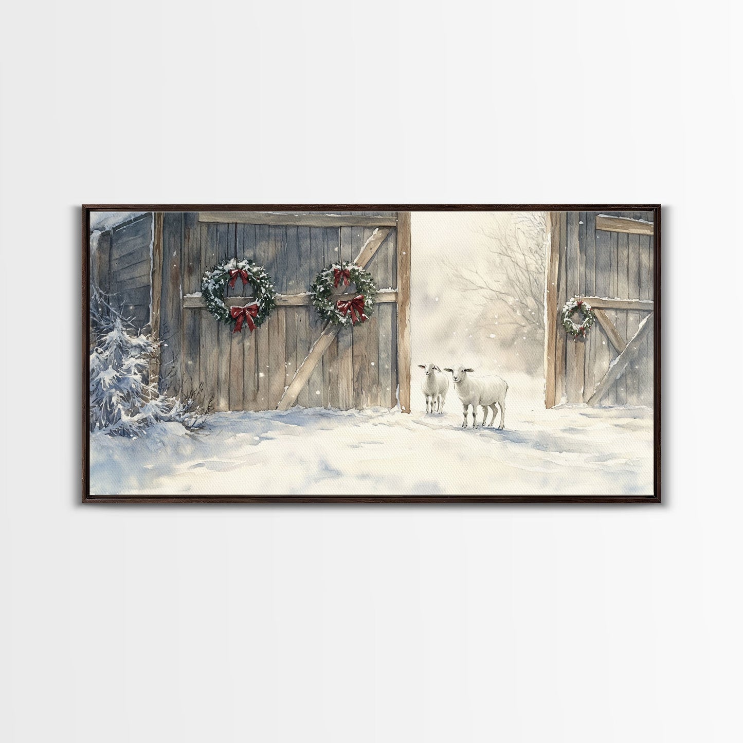 Christmas decor farmhouse Framed Canvas Print snowy barn Christmas scene holiday wall art best gift Christmas decor Christmas tree art 2024