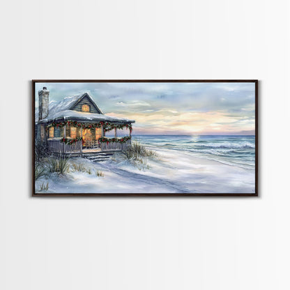 Beach Christmas decor Framed Canvas Print winter wonderland cabin Christmas vacation decor coastal Christmas wall art holiday gift idea