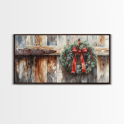 Rustic Wreath Red Ribbon Canvas Print Christmas Door Decor Farmhouse Christmas Wall Art Framed Canvas Print Christmas Outdoor Decor