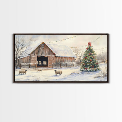 Christmas Barn Snow Sheep Canvas Print Christmas Farmhouse Decor Rustic Christmas Wall Art Framed Canvas Print Christmas Outdoor Decor