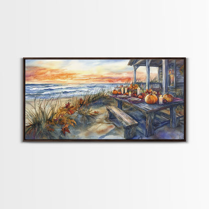 Beach Thanksgiving Table Pumpkins Canvas Print Fall Beach Decor Autumn Coastal Wall Art Framed Canvas Print Seasonal Wall Art