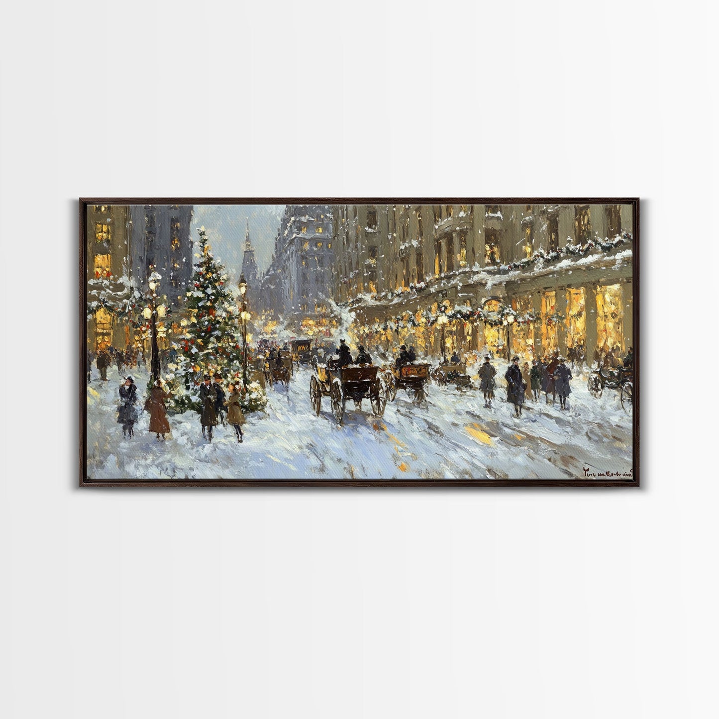 Bustling Christmas Street Scene Tall Art Framed Canvas Print Vintage Winter Holiday Scene With Horse-Drawn Carriages And Festive Lights