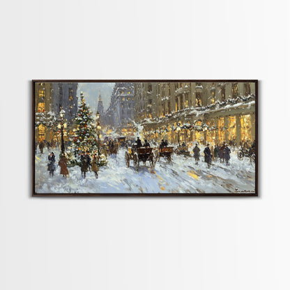 Bustling Christmas Street Scene Tall Art Framed Canvas Print Vintage Winter Holiday Scene With Horse-Drawn Carriages And Festive Lights