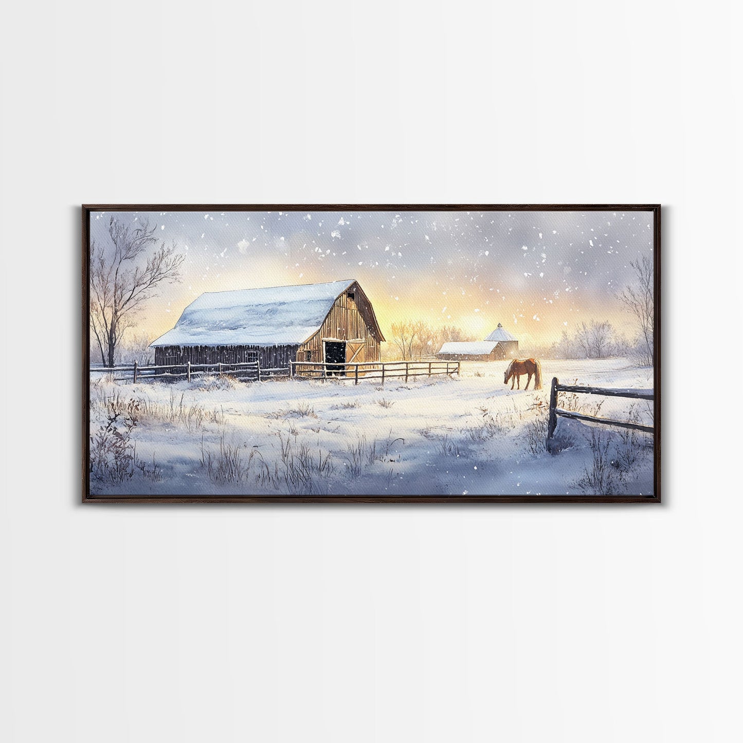 Rustic Barn in Winter Wonderland, Framed Canvas Print, Farmhouse Christmas Art, Christmas Wall Decor, Holiday Seasonal Wall Art, Gift Idea