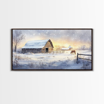 Rustic Barn in Winter Wonderland, Framed Canvas Print, Farmhouse Christmas Art, Christmas Wall Decor, Holiday Seasonal Wall Art, Gift Idea