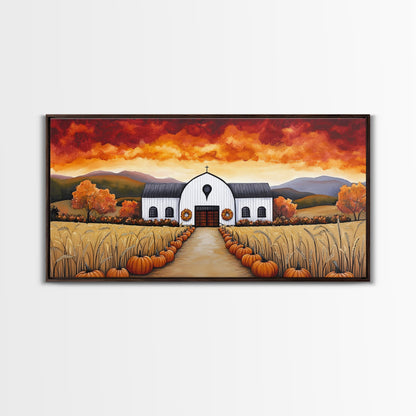 Autumn pumpkin farm with barn, canvas print, fall farmhouse decor, rustic autumn home decor, cozy fall harvest wall art for seasonal display