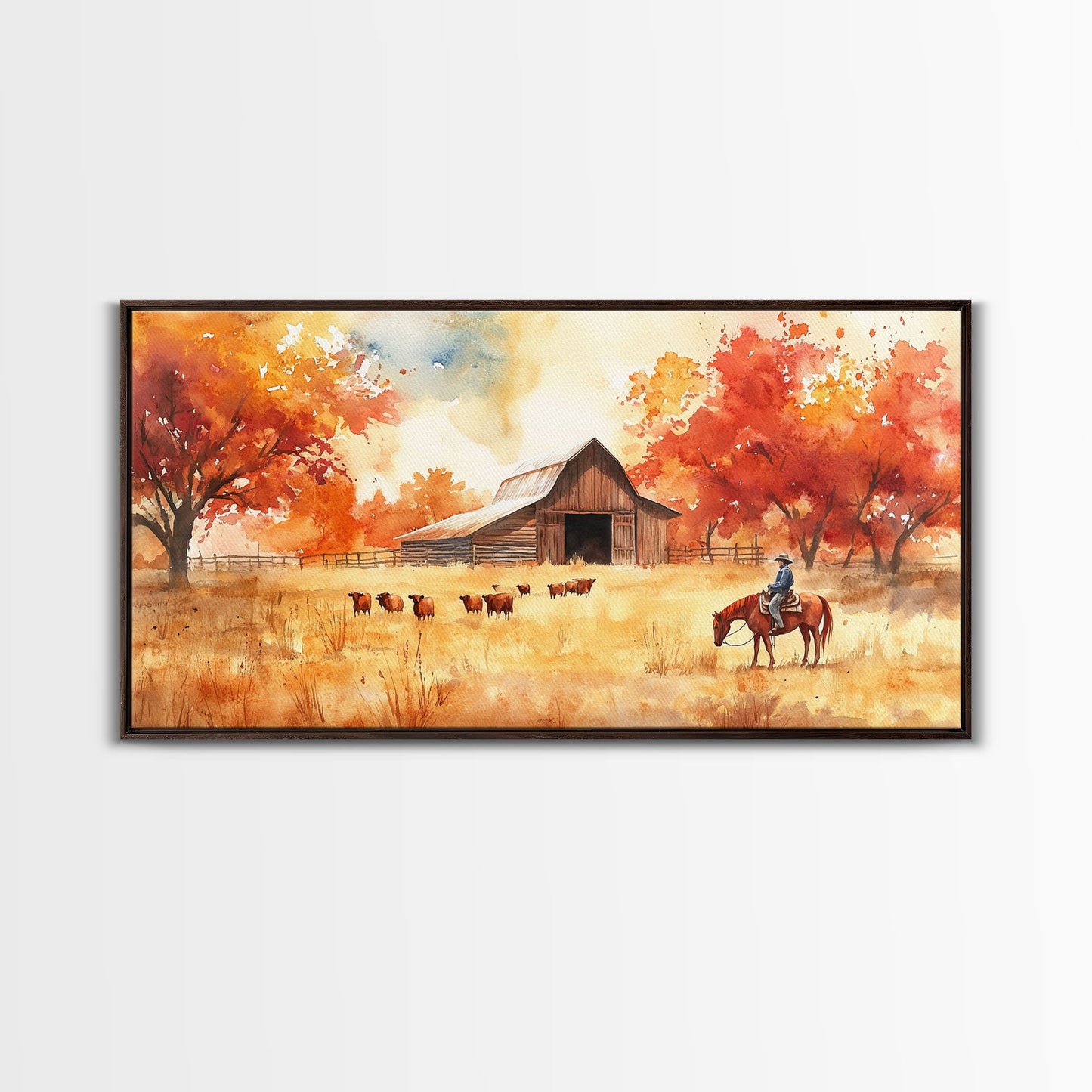 Cowboy on horse in autumn farm scene, framed canvas print, rustic fall decor, farmhouse home decor, cozy autumn landscape art, fall wall art