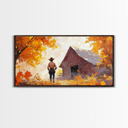 Cowboy and His Barn, Framed Canvas Print, Landscape Art Christmas Cowboy Holiday Art Wall Decor Seasonal