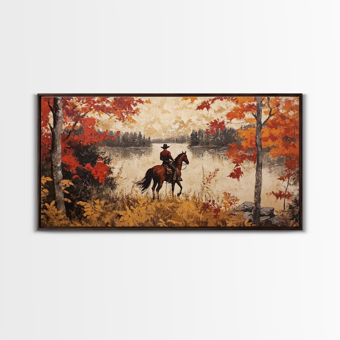 Cowboy on mountainside with red autumn leaves rugged cliffs, Framed Canvas Print, fall landscape wall art, western decor with warm colors