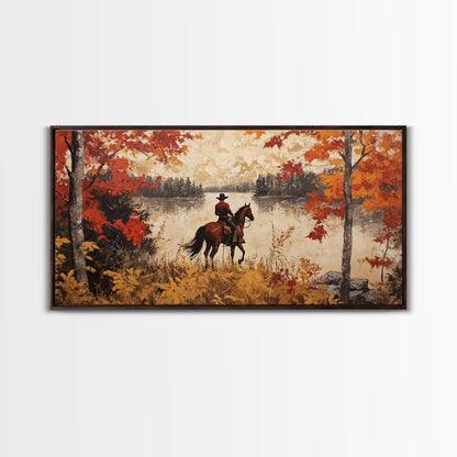 Cowboy on mountainside with red autumn leaves rugged cliffs, Framed Canvas Print, fall landscape wall art, western decor with warm colors