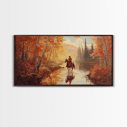 Black white cowboy riding toward snow-covered mountains, Framed Canvas Print, minimalist winter wall art, moody landscape, western decor