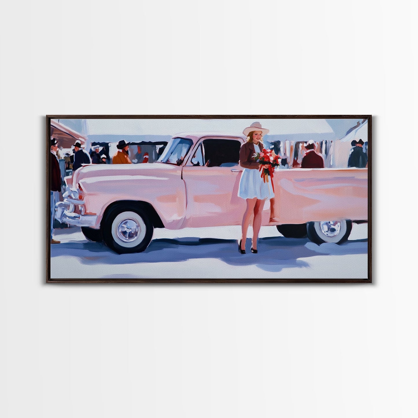 Cute Cowgirl and Her Pink Truck, Framed Canvas Print, Retro Pink Fall Decor, Wall Art Fall Home Decor, Ideal Gift Idea Rustic Seasonal Decor