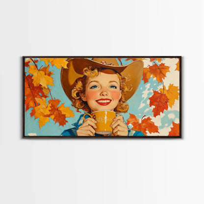 Cowgirl Having A Cup Of Joe, Framed Canvas Print, Farmhouse / Western Rustic Charm, Seasonal Art Piece to Warm Up Your Home Decor This Fall
