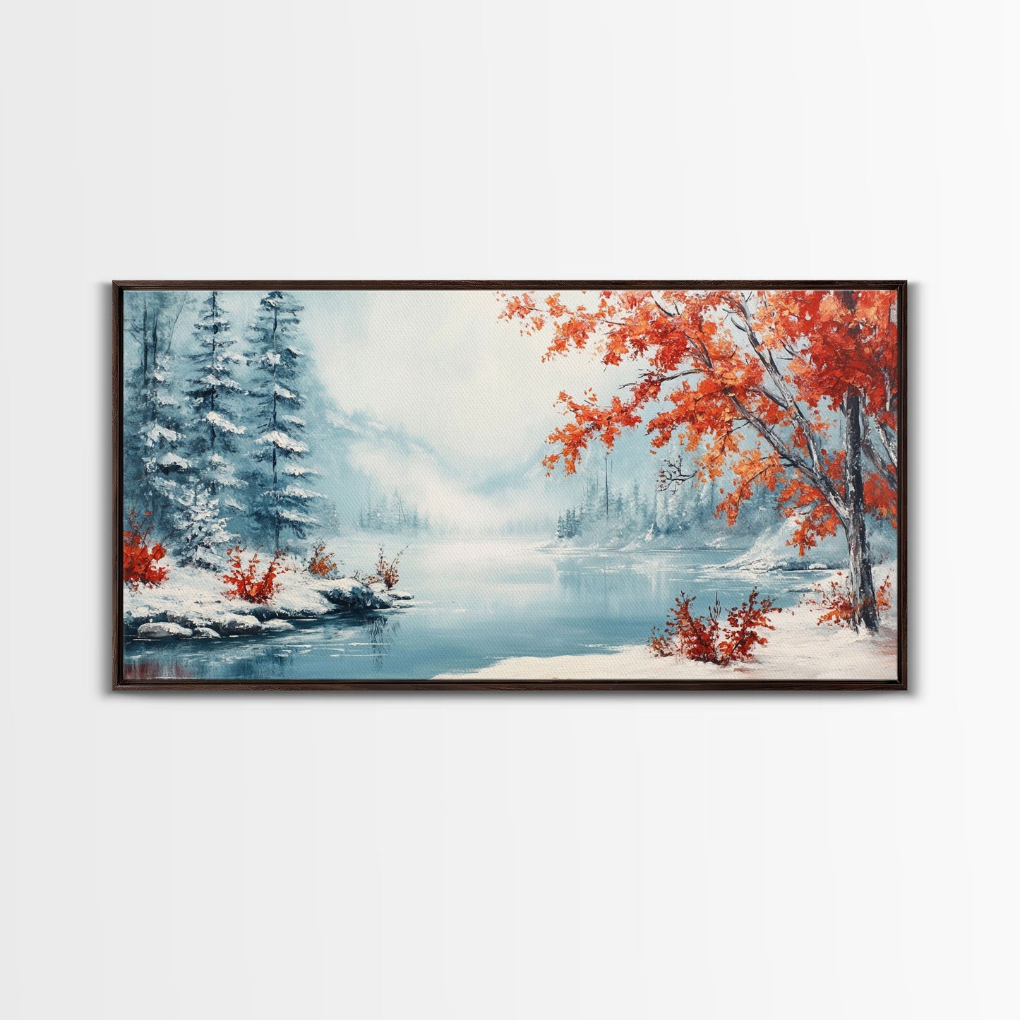 Painting Of A Forest In Winter, Framed Canvas Print with Wreaths, Perfect Christmas Holiday Decor, Ideal Winter Wall Art Gift