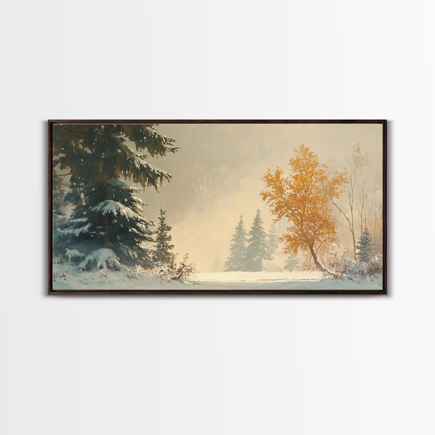 Subdued Winter Landscape, Moody Landscape Painting, Framed Canvas Print, classic Christmas wall art for holiday decor