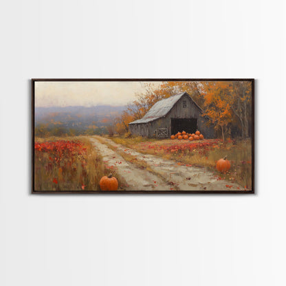 Scenic Country Farmhouse Autumn Harvest Framed Canvas Print with Pumpkins, Rustic Farmhouse Fall Art, Wall Decor, Seasonal Wall Art Gift