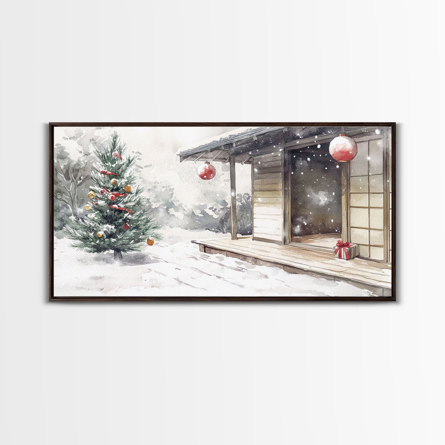 Minimalist Japanese Christmas Scene Framed Canvas Print, Snowy Holiday Decor with Simple Tree and Lantern Perfect Holiday Art