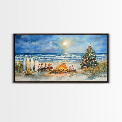 Christmas bonfire on the beach with surfboards and decorated tree, framed canvas print ideal tropical holiday wall art decor