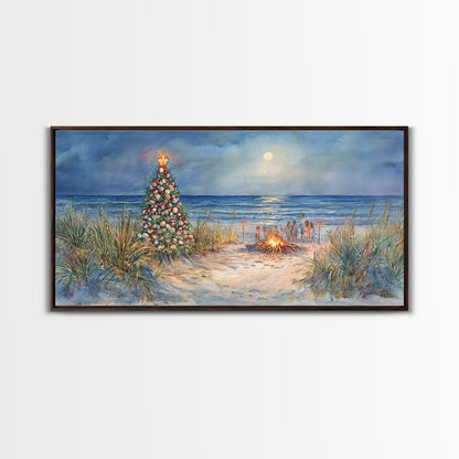 Beach Christmas family gathering by the ocean and bonfire, framed canvas print featuring tropical holiday decor wall art