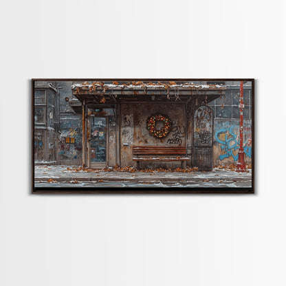 Urban Christmas street scene with wreath on a graffiti wall, framed canvas print perfect moody holiday decor winter wall art